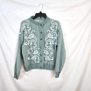 XYZ Wmen Sage Green White Floral Granny Button Front Cardigan Medium Cottage Vtg